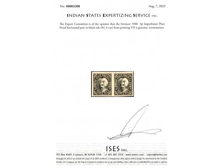 1900  3p Imperforate Plate Proof pair in black ink from printing VII. Note that this Printing was only issued with SG Type 18