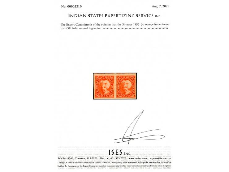 1895  3p orange imperforate pair. 2025 ISES certificate

