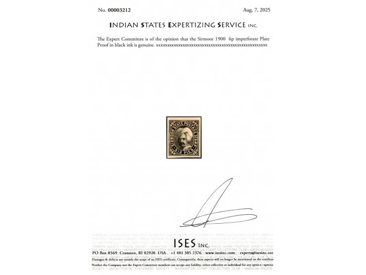 1900  6p Imperforate Plate Proof in black ink. 2025 ISES certificate
