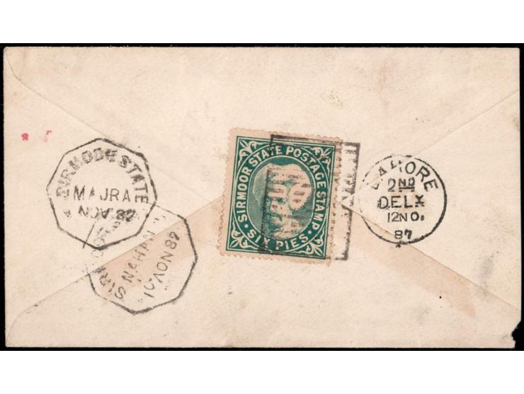 India Queen Victoria ½a postal stationery envelope additionally franked on reverse with 1885  6p blue-green from Majra to Lah