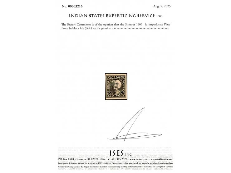 1900  1a Imperforate Plate Proof in black ink. 2025 ISES certificate
