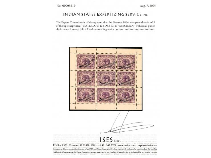 1894  complete sheetlet of 9 of the 6p elephant issue overprinted "WATERLOW &amp; SONS LTD / SPECIMEN" with small punch-hole 