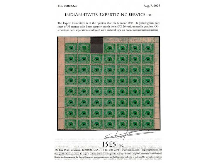 1894  3a yellow-green part sheet of 55 stamps from the Waterlow archive with manuscript annotation on margin "file copy", "2.