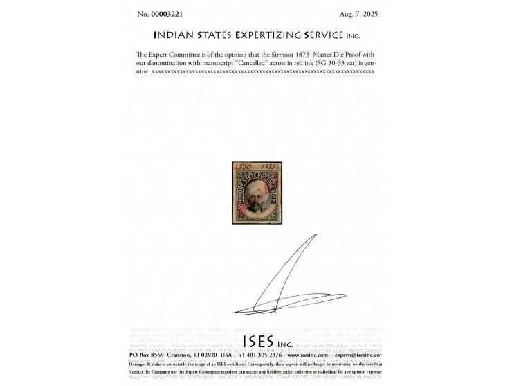 1873  Master Die Proof without denomination with manuscript "Cancelled" across in red ink  with register number "2530" in bla