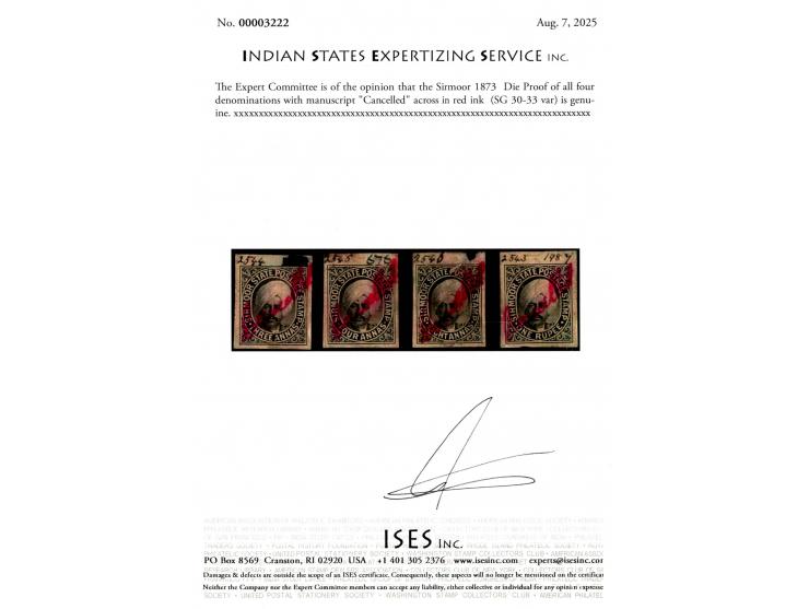 1873  Die Proof of all four denominations with manuscript "Cancelled" across in red ink  with register number "2544", "2545",