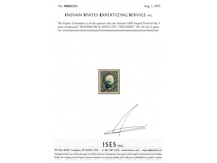 1899 Imperf Proof of the 3 anna overprinted "WATERLOW &amp; SONS LTD / SPECIMEN". 2025 ISES certificate
