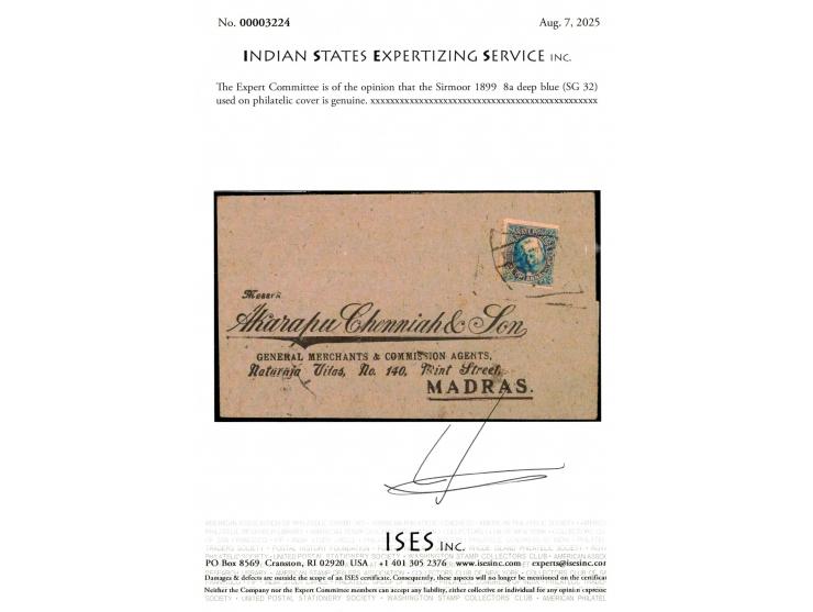 1899  8a deep blue used on philatelic cover addressed to Madras. This is the first cover we have seen in 40 years franked wit