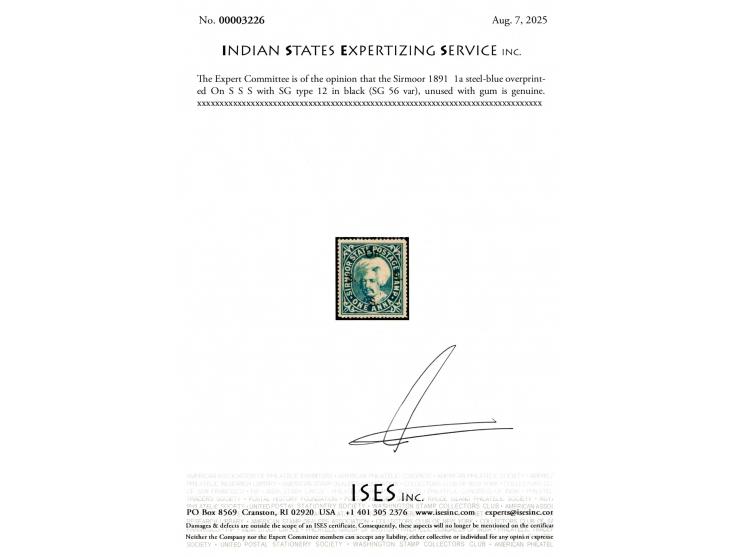 1891  1a steel-blue overprinted On S S S with SG type 12 in black. This stamp is only recorded in the bright blue shade in SG