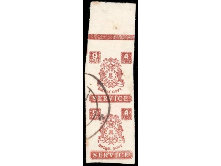 1945  9 pies chestnut marginal vertical pair with error, stamps imperforate

