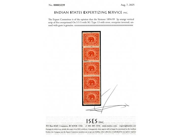 1894-99  3p orange vertical strip of five overprinted On S S S with SG Type 13 with error, overprint inverted. (see footnote 