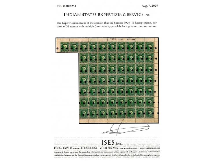 1925  1a Receipt stamp, part sheet of 58 stamps from the Waterlow archive with manuscript annotation on margin "153012", "11.