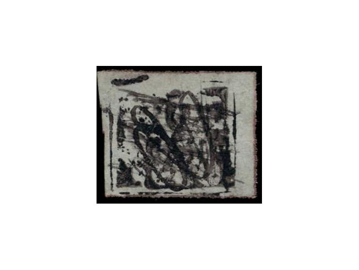 1864  1a black on azure vertically laid paper with manuscript cancel as always found.
