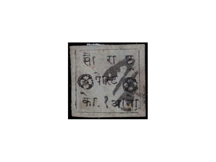 1868-75  1a black with accents over first letters on top and bottom lines on blue laid paper with manuscript ink cancel as of