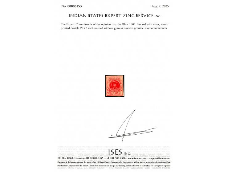 1901   ½a red with error, stamp printed double. Unused without gum as issued. 2025 ISES certificate
