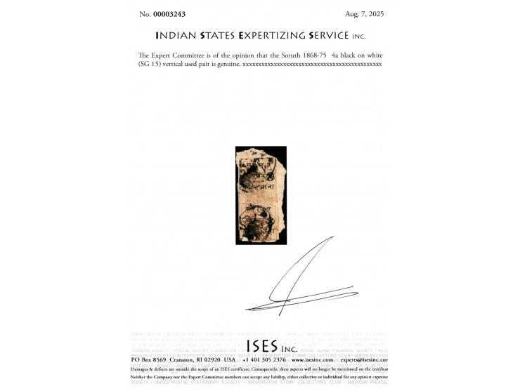 1868-75  4a black on white vertical used pair positions 4 &amp; 8 from Ron Wood Setting 1B. This is the first used multiple o