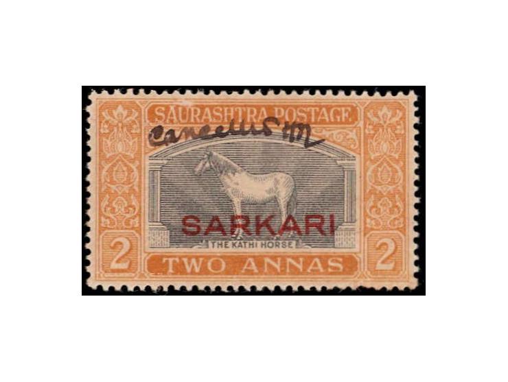1929  2a black &amp; dull orange overprinted SARKARI in vermillion with manuscript "cancelled" with initials of the postmaste