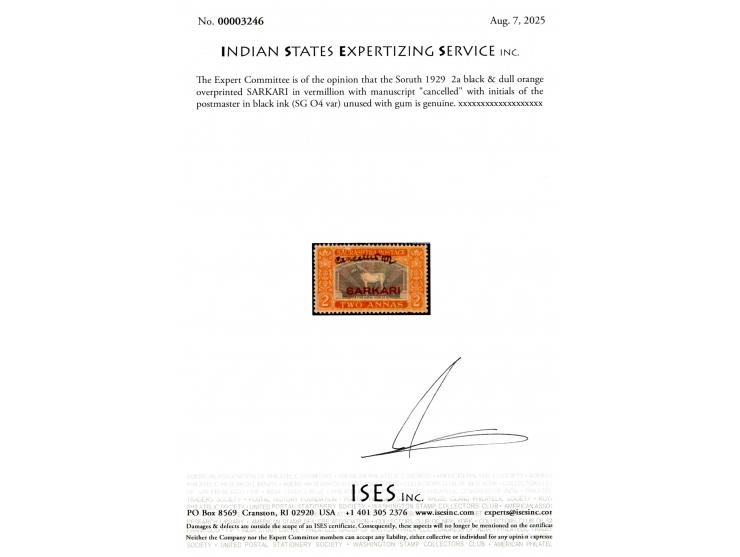1929  2a black &amp; dull orange overprinted SARKARI in vermillion with manuscript "cancelled" with initials of the postmaste