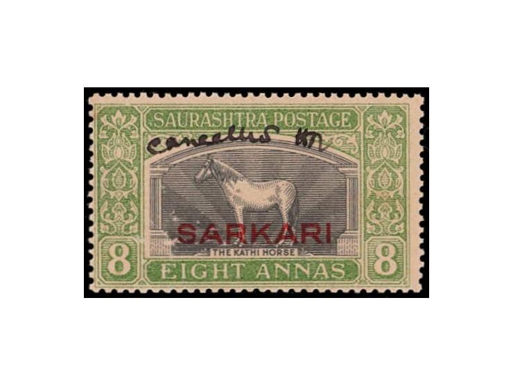1929  8a black &amp; yellow-green overprinted SARKARI in vermillion with manuscript "cancelled" with initials of the postmast