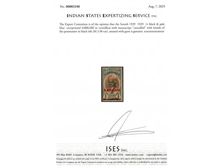 1929  1r black &amp; pale blue  overprinted SARKARI in vermillion with manuscript "cancelled" with initials of the postmaster