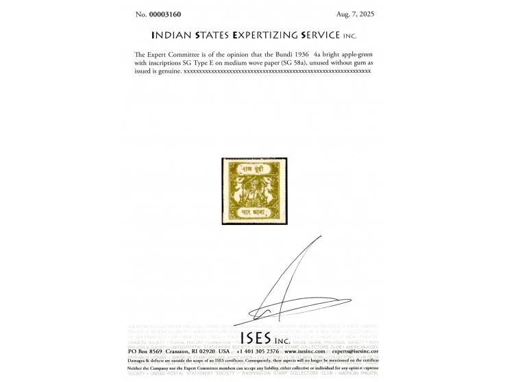 1936  4a bright apple-green with inscriptions SG Type E on medium wove paper, unused without gum as issued. 2025 ISES certifi