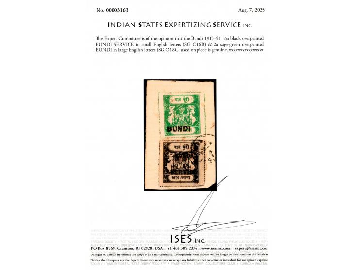 1915-41  ½a black overprinted BUNDI SERVICE in small English letters + 2a sage-green overprinted BUNDI in large English lette