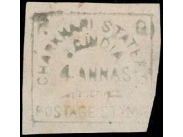 1894 "4 ANNAS" dull green imperf unused without gum as issued. Minor thin spot and a little discolored but a rare stamp never