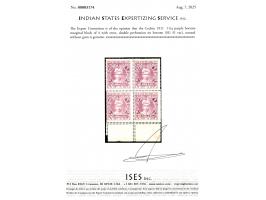 1911  1½a purple bottom marginal block of 4 with error, double perforation on bottom. A spectacular item. ISES certificate
