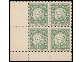 1948-49  4p green corner marginal block of 4. Unused without gum as issued
