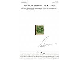 1943  2¼a sage-green perf. 11 overprinted ON C G S. A great rarity of Cochin in MNH condition. 2025 ISES certificate
