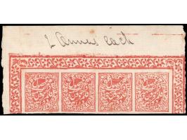 1878-79  2a red on laid paper imperf, top marginal strip of four. Unused without gum as issued. 2025 ISES certificate
