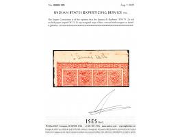 1878-79  2a red on laid paper imperf, top marginal strip of four. Unused without gum as issued. 2025 ISES certificate
