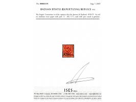 1878-79  ½a red on medium wove paper with perf. 11  with pen cancel as sometimes found. 2025 ISES certificate.   
