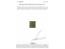 1883  1 anna greenish-grey with trial perforation. Unused without gum as produced. 2025 ISES certificate.   
