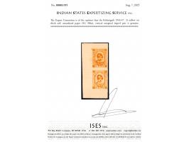 1943-47  2r yellow on thick soft unsurfaced paper, vertical marginal imperf pair. 2025 ISES certificate
