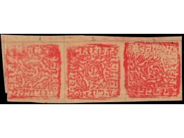 1885-94  1p red on yellow wove batonne paper, strip of three with error, all three stamps printed sideways in relationship to