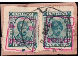 1949  Kishangarh ¼a greenish-blue x 2 single copies with RAJASTHAN handstamp in red used on piece.
