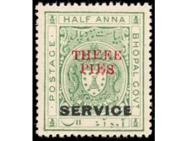 1935-36  ½a yellow-green overprinted SERVICE surcharged THREE PIES in red with error, THEEE instead of THREE
