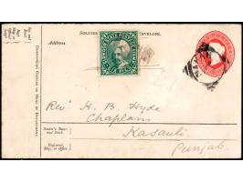 India QV 9p soldiers &amp; Seamen postal stationery envelope additionally franked with Sirmoor 6p green from Sirmoor to Kasau