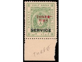 1935-36  ½a yellow-green overprinted SERVICE surcharged THREE PIES in red with error, THRFE instead of THREE
