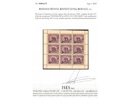 1894  complete sheetlet of 9 of the 6p elephant issue overprinted "WATERLOW &amp; SONS LTD / SPECIMEN" with small punch-hole 