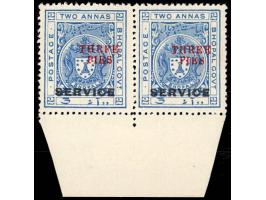 1935-36  2a ultramarine bottom marginal horizontal pair overprinted SERVICE surcharged THREE PIES in red with error, 'THRFE' 
