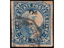 1891  1a bright blue overprinted On S S S with SG Type 12 in black. Used on piece with top perforations trimmed off and tear 