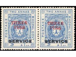 1935-36  2a ultramarine horizontal pair overprinted SERVICE surcharged THREE PIES in red with error, 'THEEE' instead of THREE