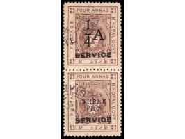 1935-36  4a chocolate vertical se-tenant pair surcharged 1/4 A on top stamp and THREE PIES in black on bottom stamp overprint