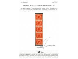 1894-99  3p orange vertical strip of five overprinted On S S S with SG Type 13 with error, overprint inverted. (see footnote 