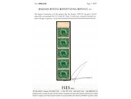 1894-99  6p green vertical strip of five overprinted On S S S with SG Type 13 with error, overprint inverted. (see footnote i