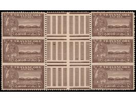 1941  ¾ch brown perf. 11 block of 6 with middle gutter with error, imperf between vertical strip of three x 2
