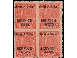 1949  2ch surcharged ONE ANNA overprinted SERVICE with error, block of four, imperf between horizontally &amp; vertically. Un