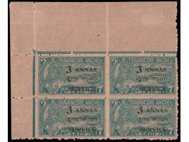 1949  7ch surcharged 3 ANNAS overprinted SERVICE perf. 12, top left corner marginal block of four. Unused without gum as issu