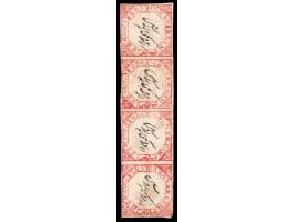 1872  ½a red with double frame lines vertical strip of four, bottom stamp with error 'BEGAN" instead of 'BEGAM'. With manuscr